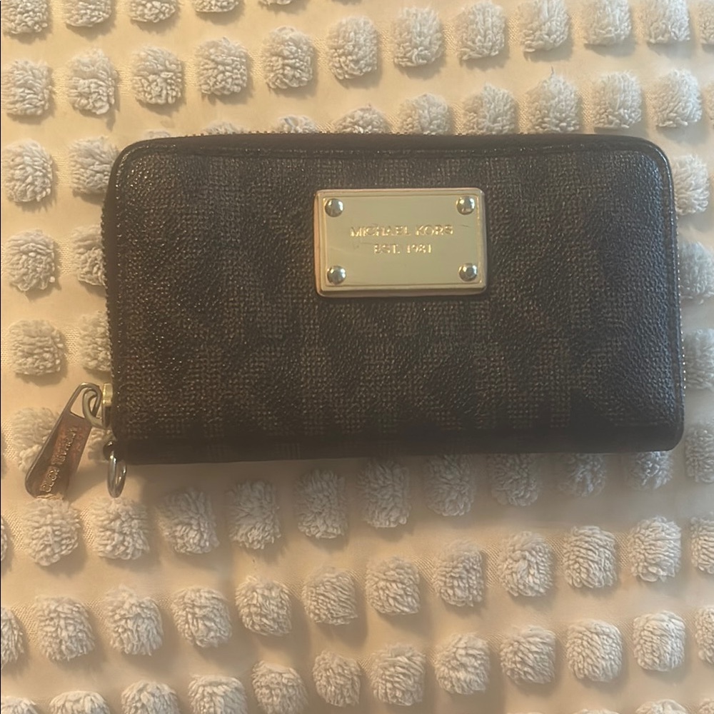 Michael Kors Dark Brown Textured Wallet with Gold Accents